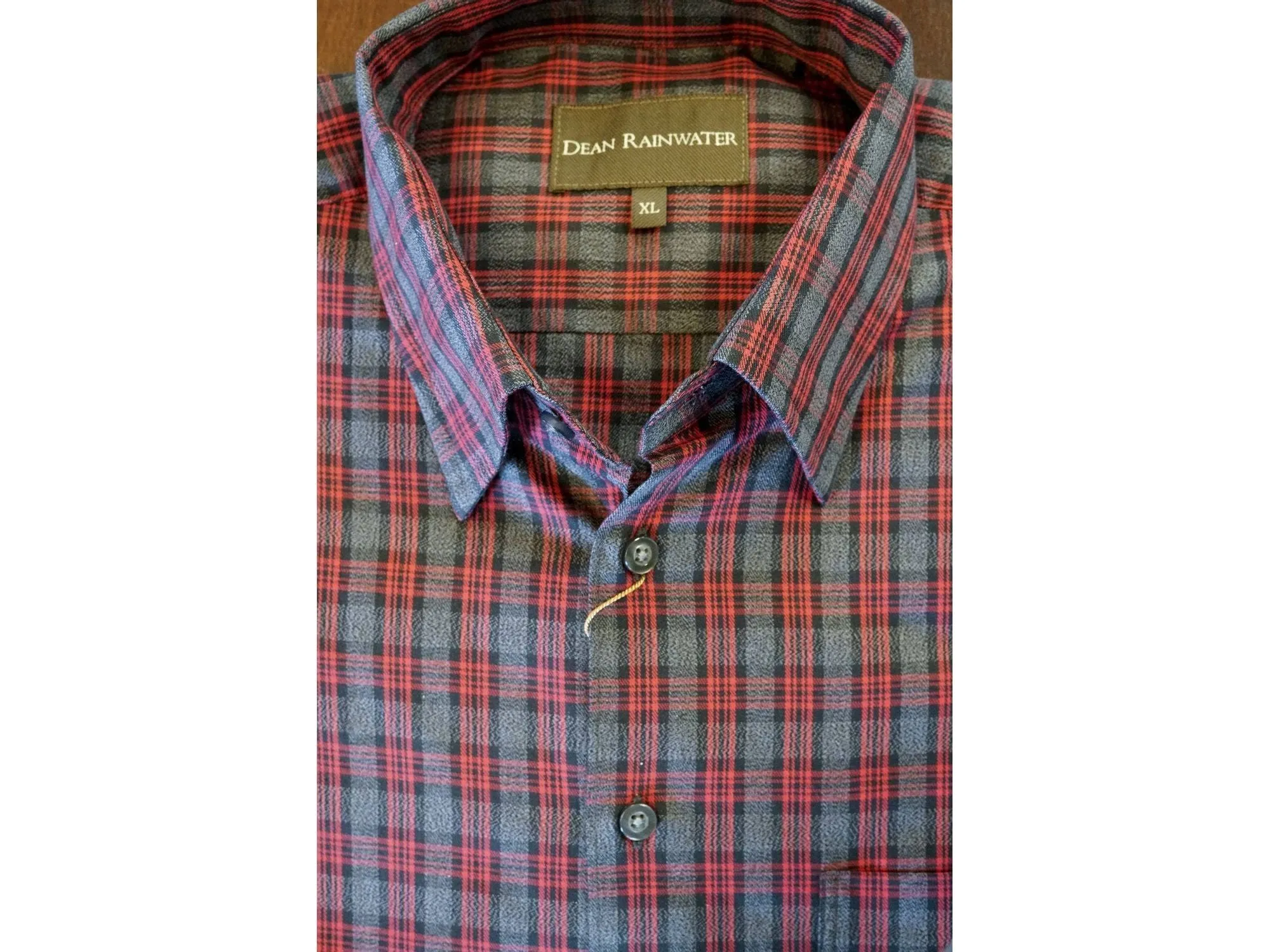 Black with Grey and Red Plaid Cotton Hidden Button-down by Dean Rainwater