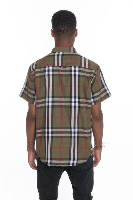 Mens Casual Short Sleeve Checker Plaid Shirts