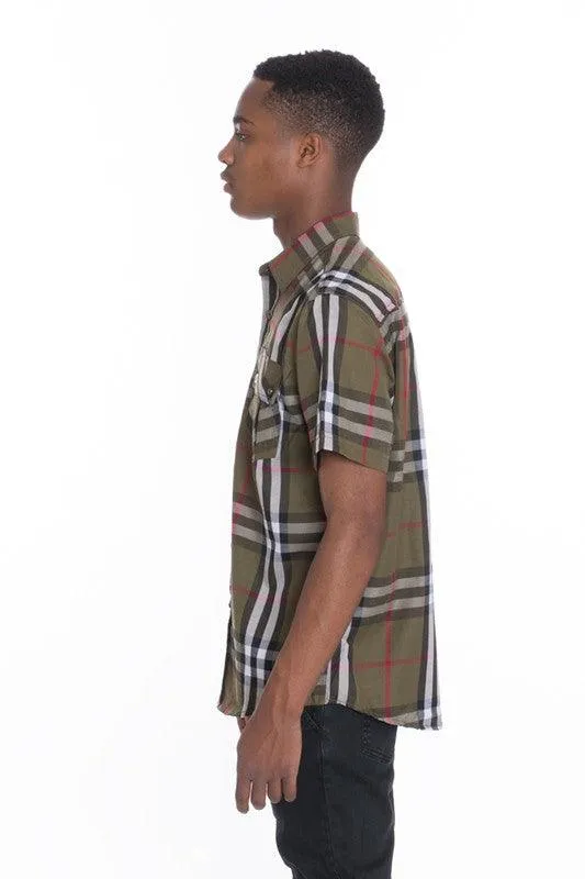 Mens Casual Short Sleeve Checker Plaid Shirts